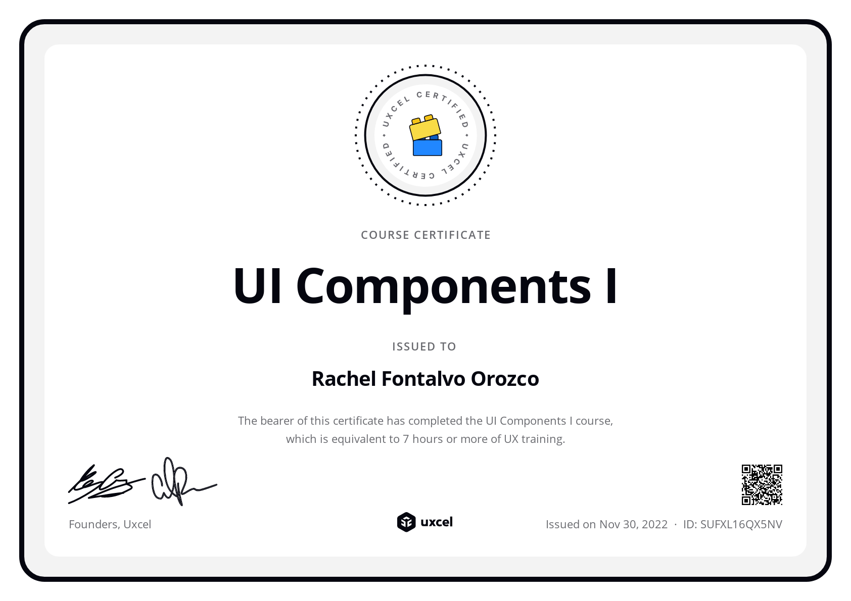 Rachel Fontalvo Orozco's certificate